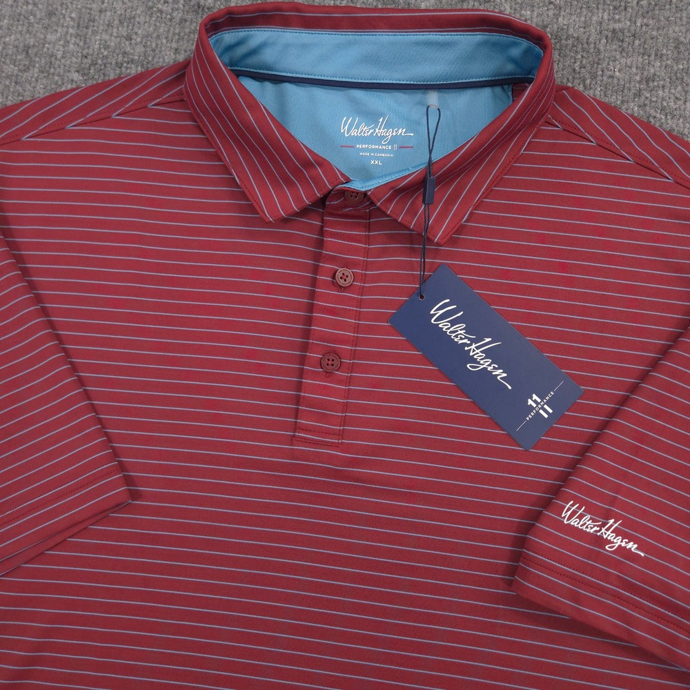 Walter Hagen Performance Polo Shirt Mens XXL Merlot Blue Striped Golf Preppy NEW